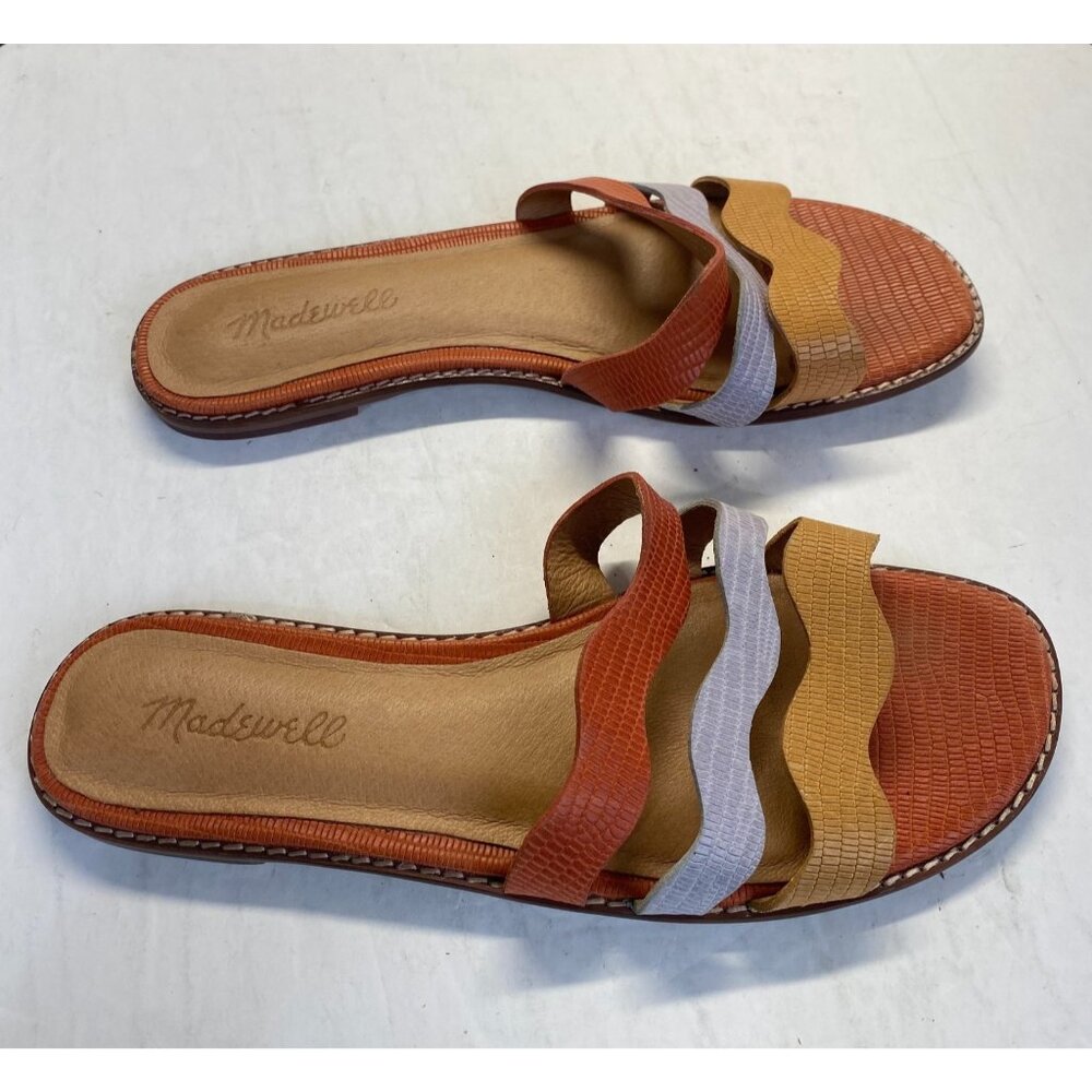 Madewell Slide Flat Sandal Embossed Leather Triple Straps Size 7.5,Comfort